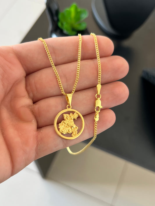 Kit Corrente Grumet 2mm - 70cm + Pingente Medalha São Jorge P (Banhado a Ouro 18K)