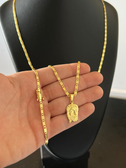 Kit Corrente Piastrine 4mm - 70cm + Pingente Face Jesus Cristo P+ Pulseira de Brinde (Banhado a Ouro 18K)