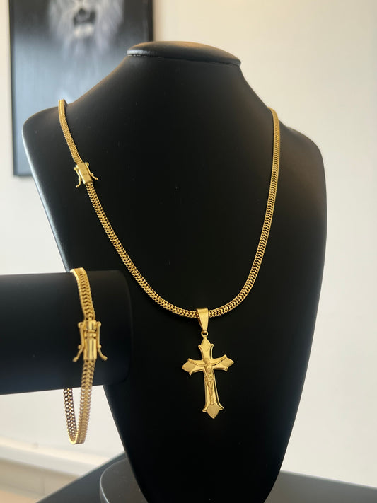 Kit Corrente Union 5mm - 70cm + Pingente Crucifixo e Jesus 3D M + Pulseira de Brinde (Banhado a Ouro 18K)