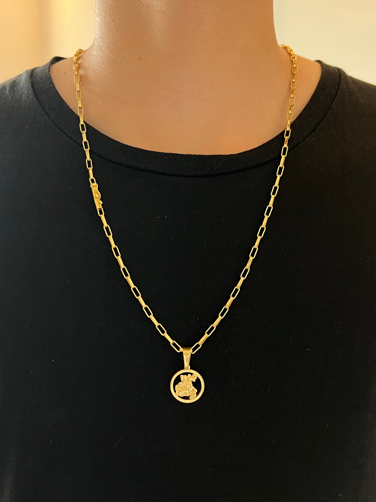 Kit Corrente Tijolinho 4mm - 70cm + Pingente Medalha São Jorge P + Pulseira de Brinde (Banhado a Ouro 18K)