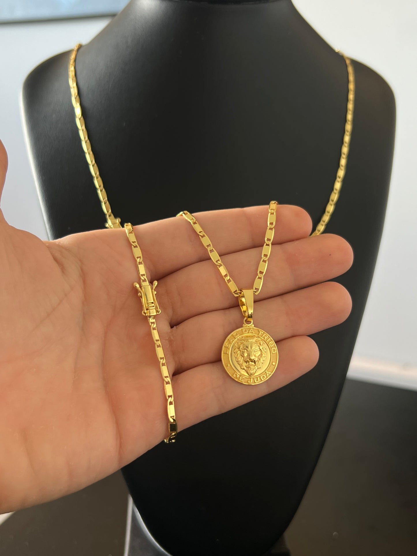 Kit Corrente Piastrine 4mm - 70cm + Pingente Medalha Leão Judá P + Pulseira de Brinde (Banhado a Ouro 18K)