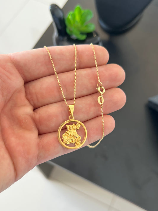 Kit Corrente Veneziana 1mm-70cm + Pingente Medalha São Jorge P (Banhado a Ouro 18K)