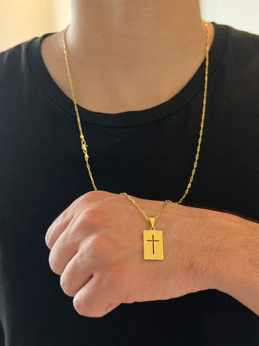 Kit Corrente Cartie 2mm - 70cm + Pingente Placa e Cruz P (Banhado a Ouro 18K)