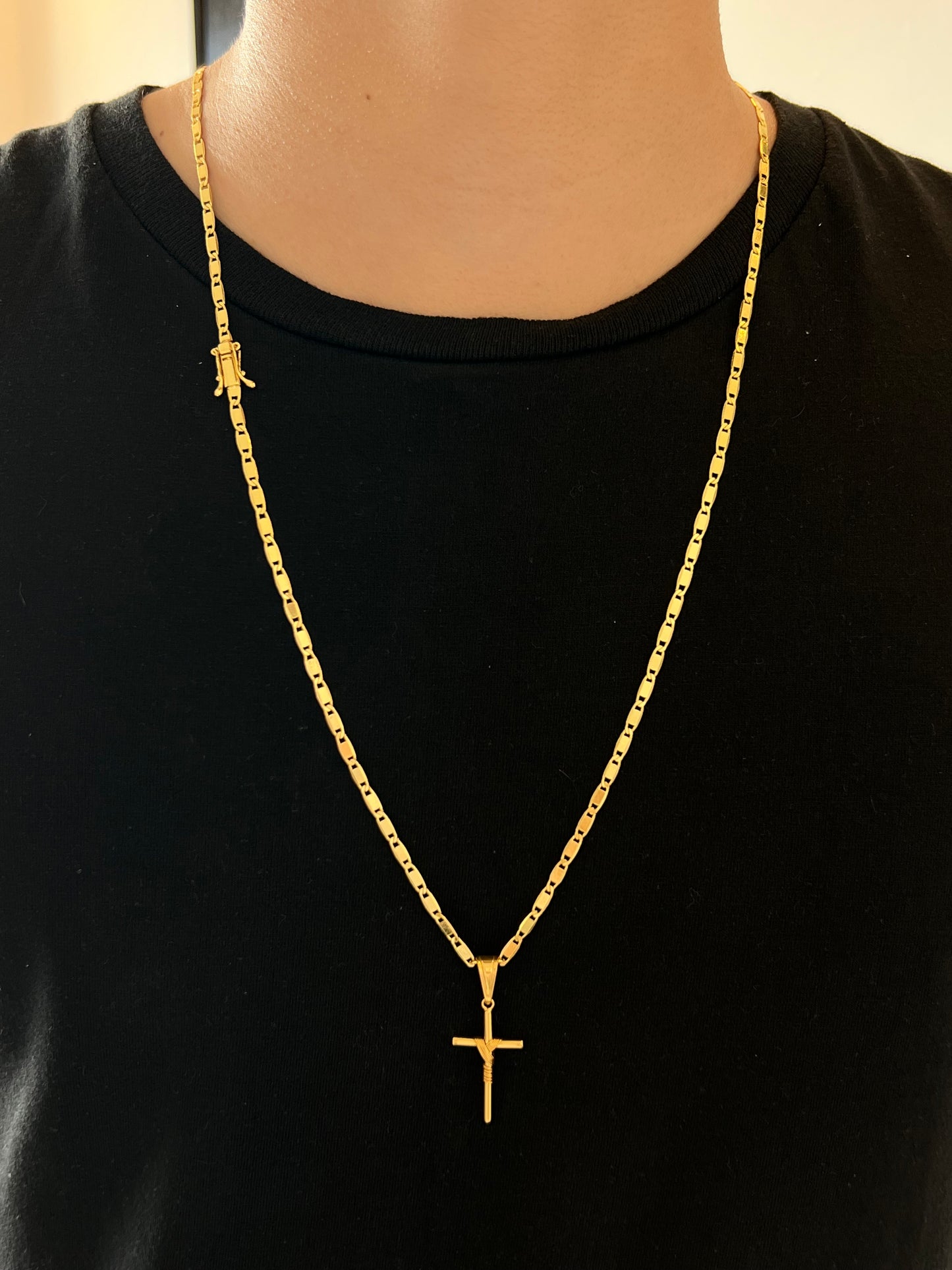 Kit Corrente Piastrine 4mm - 70cm + Pingente Cruz Fio P+ Pulseira de Brinde (Banhado a Ouro 18K)