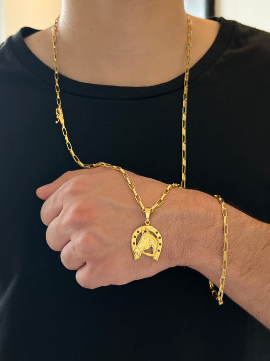 Kit Corrente Tijolinho 4mm - 70cm + Pingente Ferradura e cavalo P  + Pulseira de Brinde (Banhado a Ouro 18K)