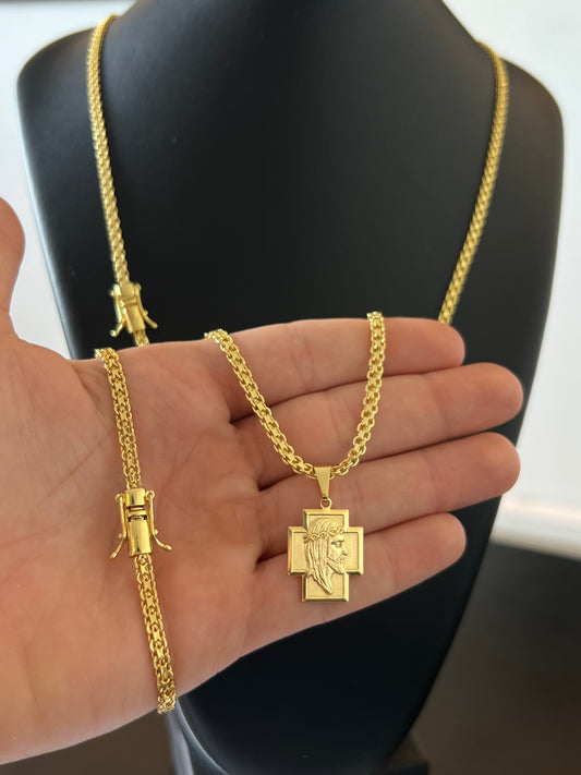 Kit Corrente Cadeado Duplo 5mm - 70cm + Pingente Cruz Larga Face P + Pulseira de Brinde (Banhado a Ouro 18K)