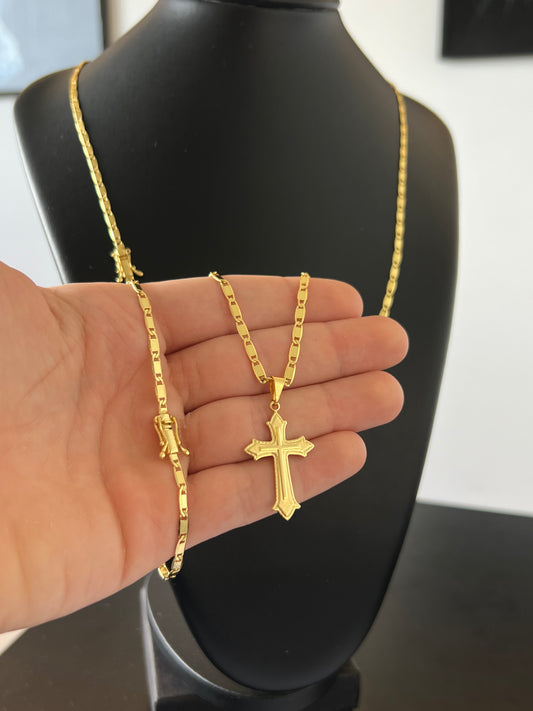 Kit Corrente Piastrine 4mm - 70cm + Pingente Cruz lendária P+ Pulseira de Brinde (Banhado a Ouro 18K)