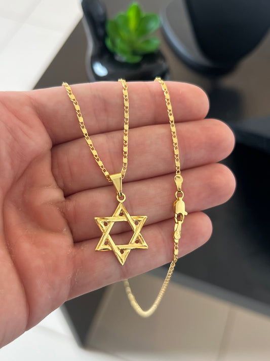 Kit Corrente Piastrini 2mm-70cm + Pingente Estrela de Davi P (Banhado a Ouro 18K)
