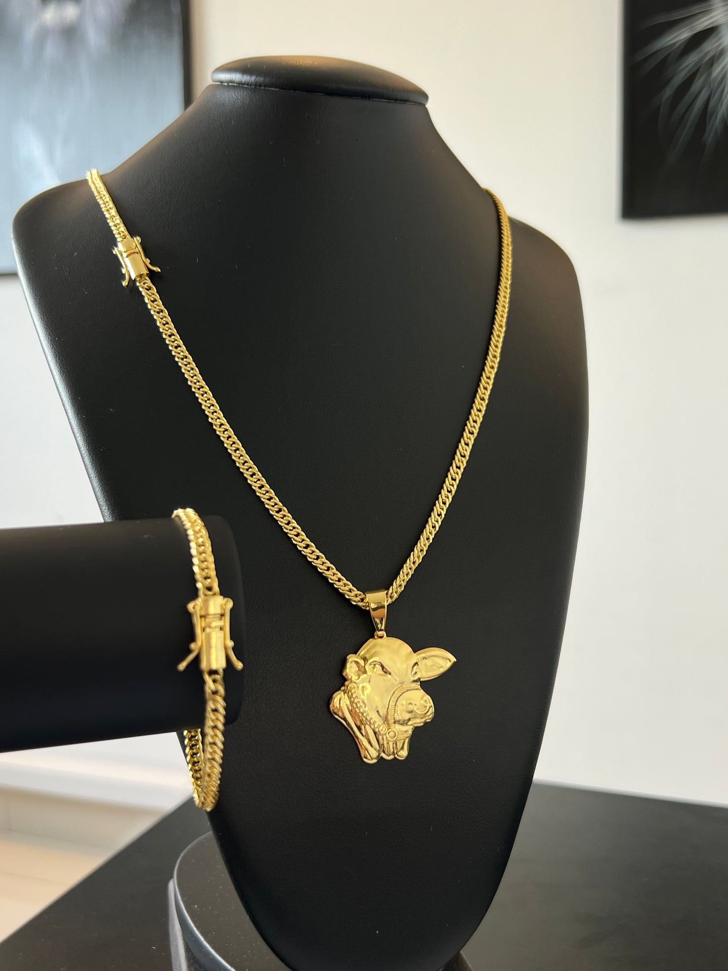 Kit Corrente Grumet Duplo 5mm - 70cm + Pingente Nelore + Pulseira de Brinde (Banhado a Ouro 18K)