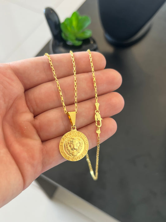 Kit Corrente Tijolinho 2mm-70cm + Pingente Medalha Leão Judá P (Banhado a Ouro 18K)