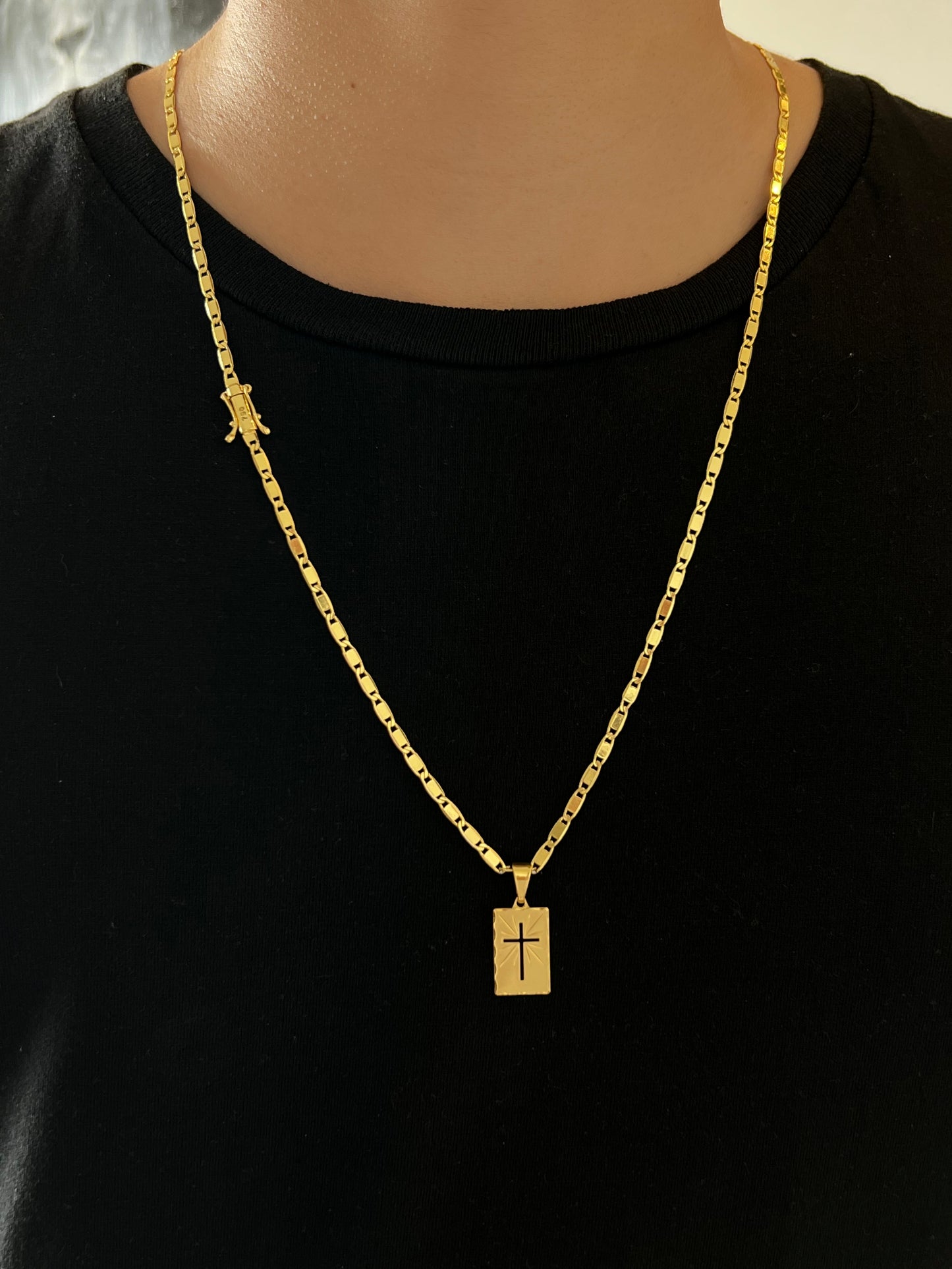 Kit Corrente Piastrine 4mm - 70cm + Pingente placa e cruz vazada P+ Pulseira de Brinde (Banhado a Ouro 18K)