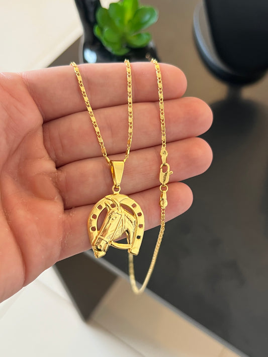 Kit Corrente Piastrini 2mm-70cm + Pingente ferradura e cavalo P (Banhado a Ouro 18K)