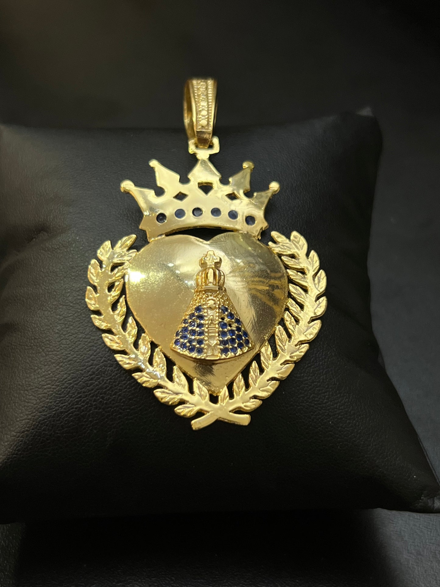 Pingente Coração Nossa Senhora Espelhado Cravejado G (4,5X6CM) Banhado a Ouro 18K