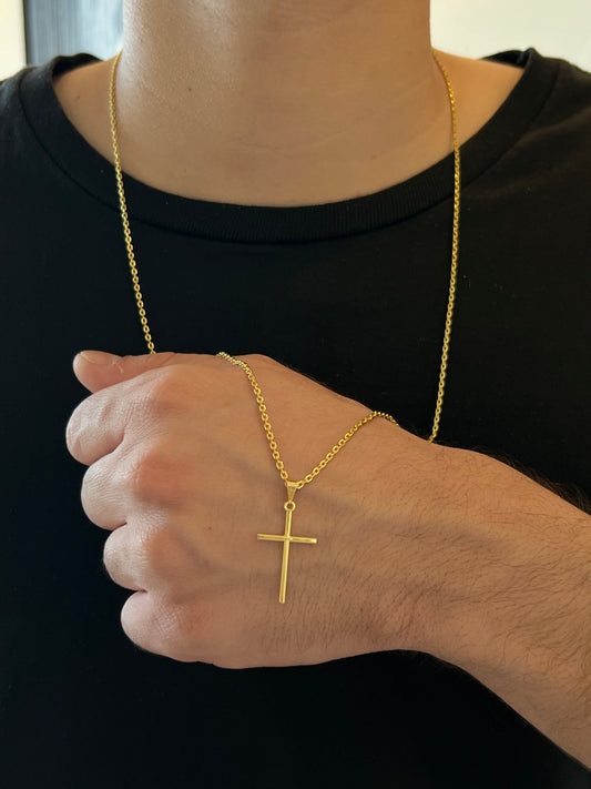 Kit Corrente Cadeado 2mm - 70cm + Pingente Cruz Slim P (Banhado a Ouro 18K)