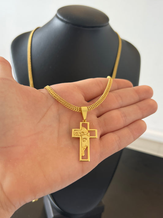Kit Corrente Union 5mm - 70cm + Pingente Crucifixo com face vazada M + Pulseira de Brinde (Banhado a Ouro 18K)