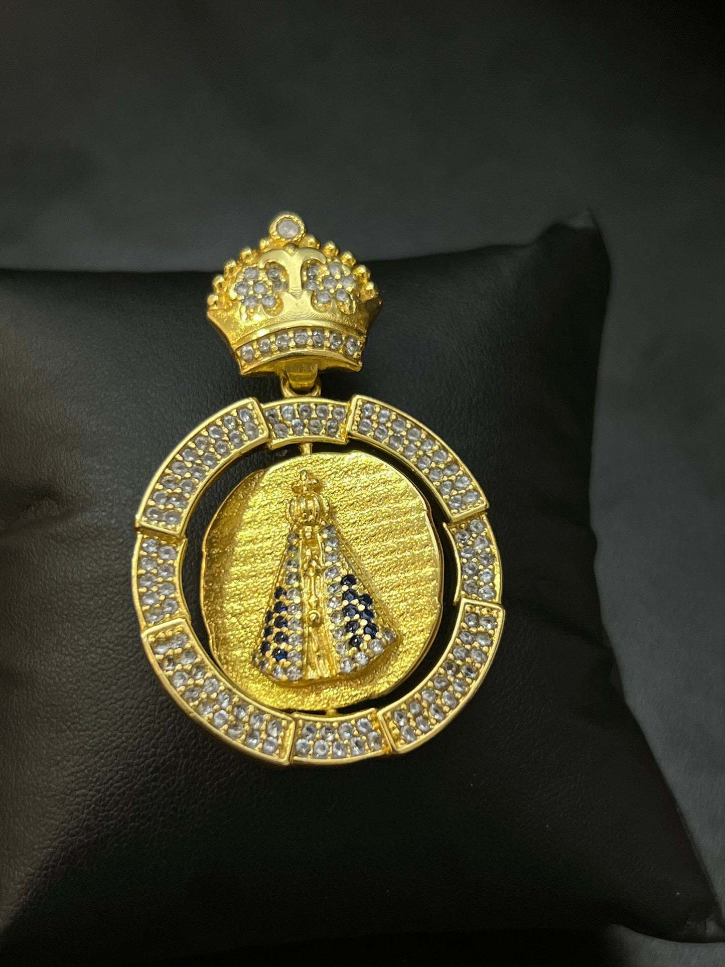 Pingente Medalha Giratória Face/Nossa Senhora Cravejado G (4X4,5CM)Banhado a Ouro 18K