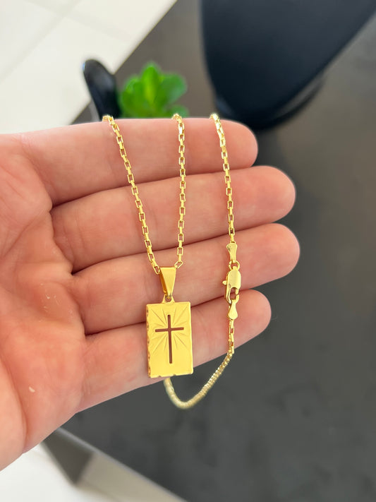 Kit Corrente Tijolinho 2mm-70cm + Pingente Placa e Cruz P (Banhado a Ouro 18K)