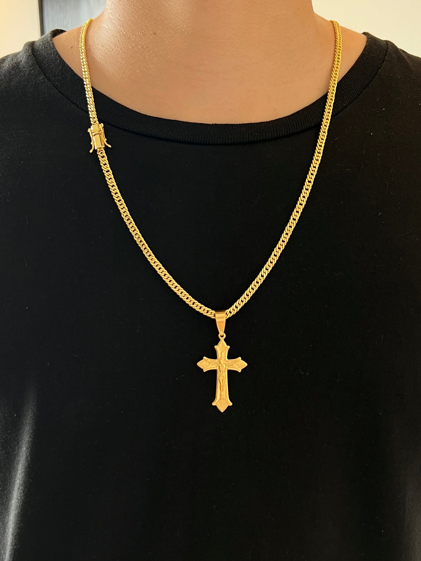 Kit Corrente Grumet Duplo 5mm - 70cm + Pingente Crucifixo e Jesus 3D M + Pulseira Grumet Duplo (Banhado a Ouro 18K)