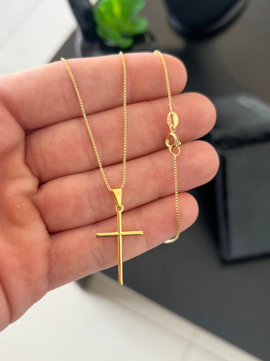 Kit Corrente Veneziana 1mm-70cm + Pingente Cruz Slim P (Banhado a Ouro 18K)