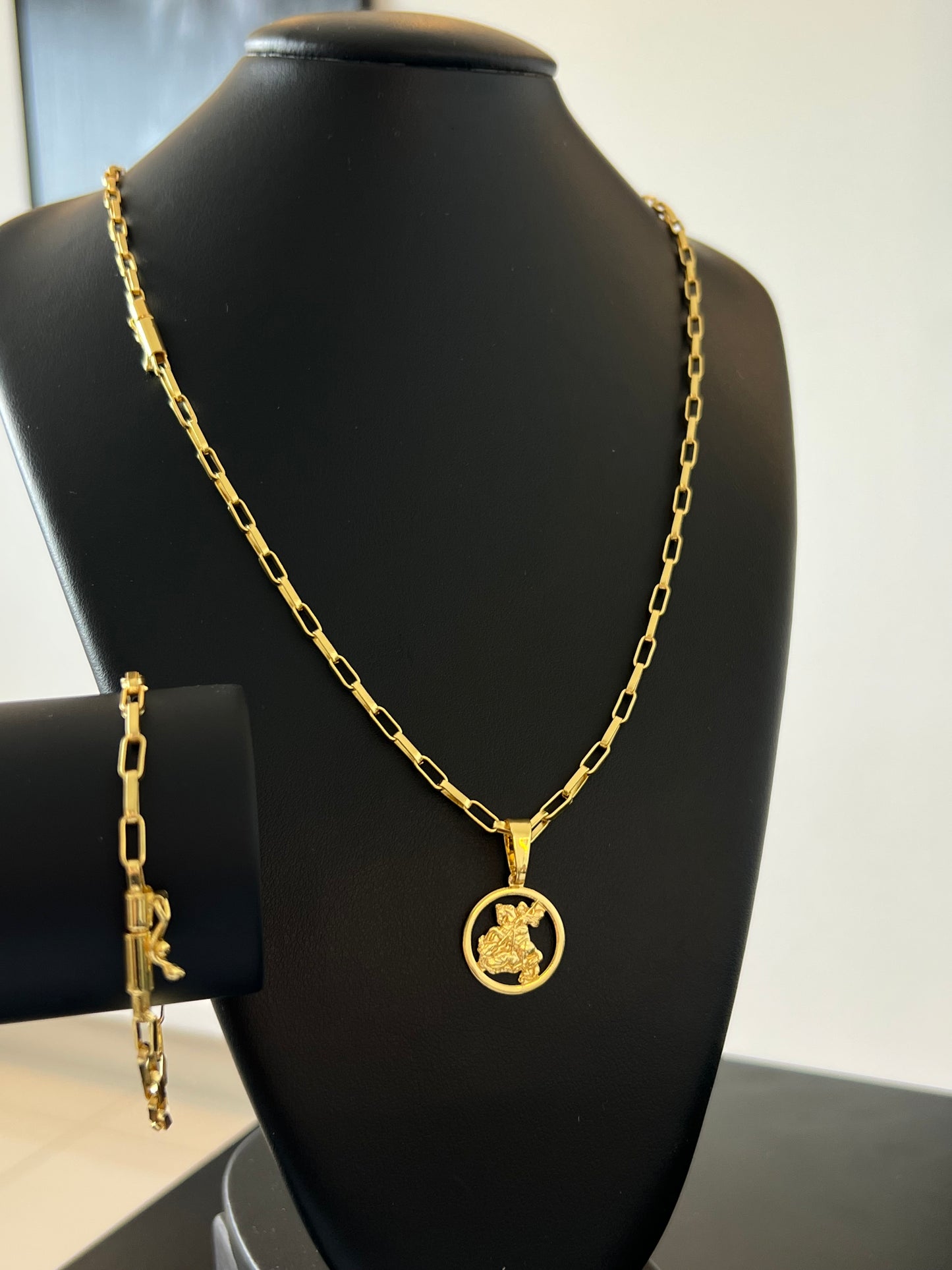 Kit Corrente Tijolinho 4mm - 70cm + Pingente Medalha São Jorge P + Pulseira de Brinde (Banhado a Ouro 18K)