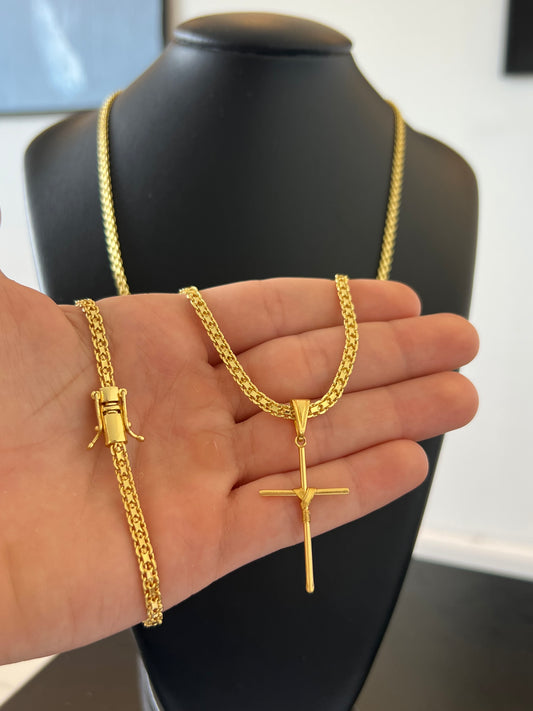 Kit Corrente Cadeado Duplo 5mm - 70cm + Pingente Cruz Fio M  + Pulseira de Brinde (Banhado a Ouro 18K)