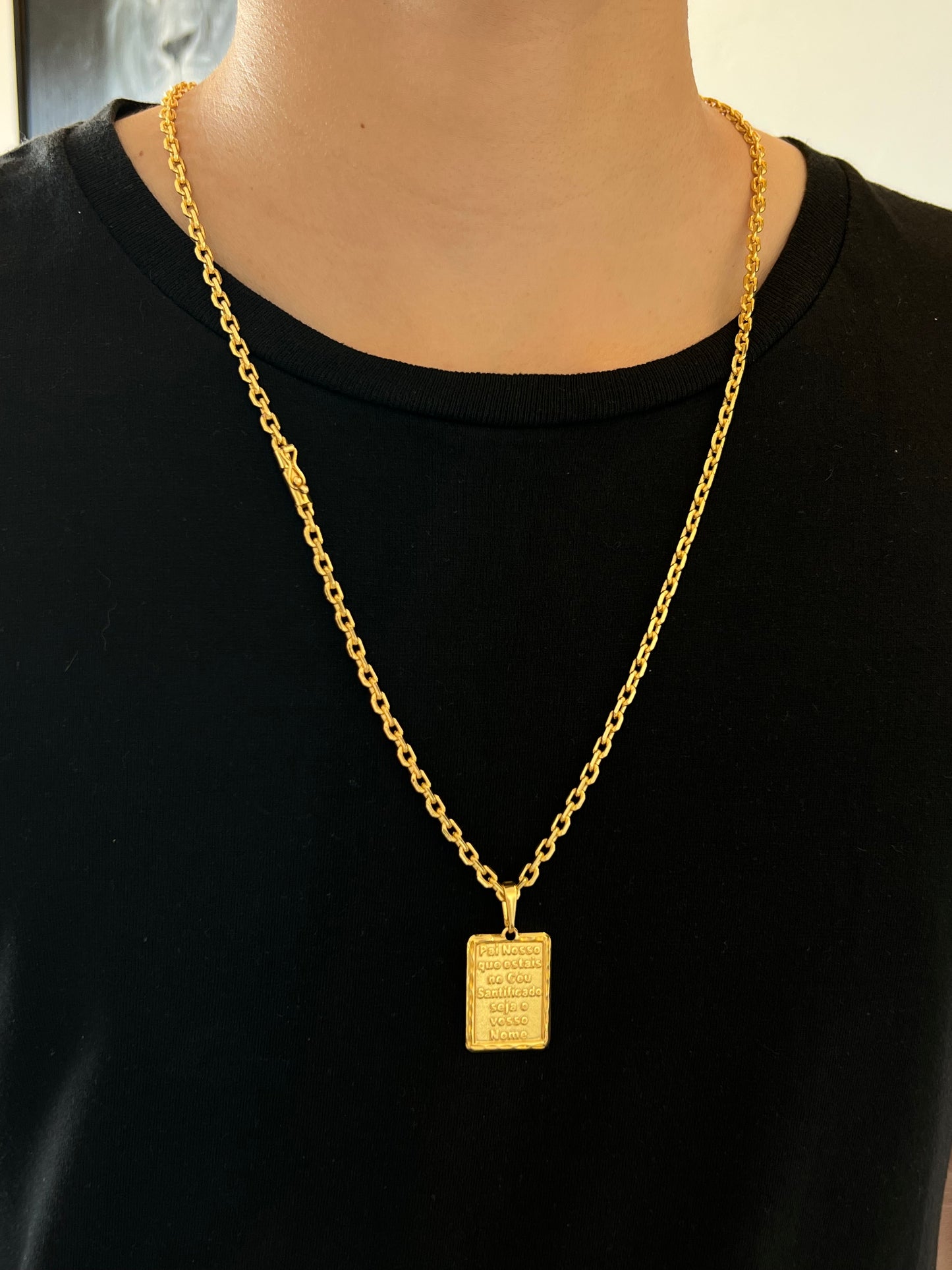 Kit Corrente Cadeado 4.5mm - 70cm + Pingente placa Pai nosso M + Pulseira de Brinde (Banhado a Ouro 18K)