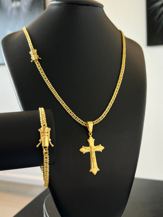 Kit Corrente Grumet Duplo 5mm - 70cm + Pingente Crucifixo e Jesus 3D M + Pulseira Grumet Duplo (Banhado a Ouro 18K)