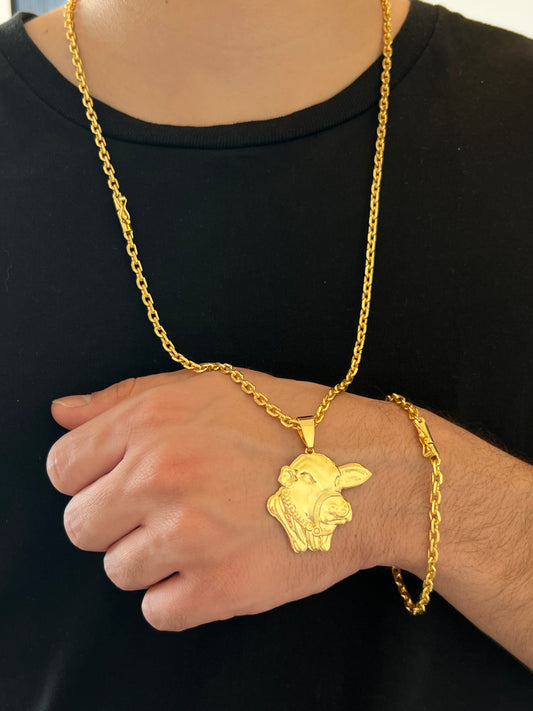 Kit Corrente Cadeado 4.5mm - 70cm + Pingente Nelore M + Pulseira de Brinde (Banhado a Ouro 18K)