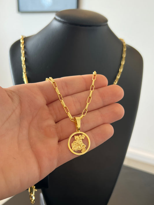 Kit Corrente Tijolinho 4mm - 70cm + Pingente Medalha São Jorge P  + Pulseira de Brinde (Banhado a Ouro 18K)