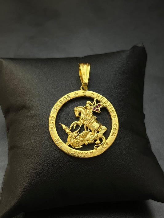 Pingente Medalha São Jorge Cravejada G (3,5x4cm) Banhado a Ouro 18K