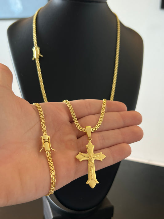 Kit Corrente Cadeado Duplo 5mm - 70cm + Pingente Crucifixo e Jesus 3D M + Pulseira de Brinde (Banhado a Ouro 18K)