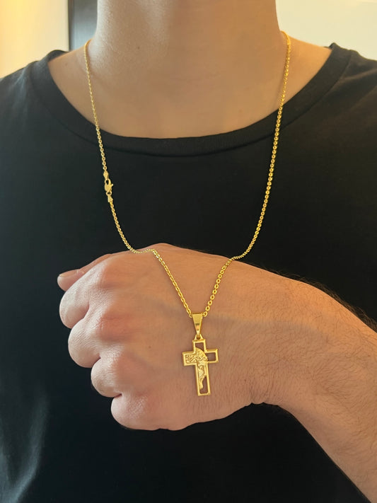Kit Corrente Cadeado 2mm - 70cm + Pingente Crucifixo com face vazada P (Banhado a Ouro 18K)