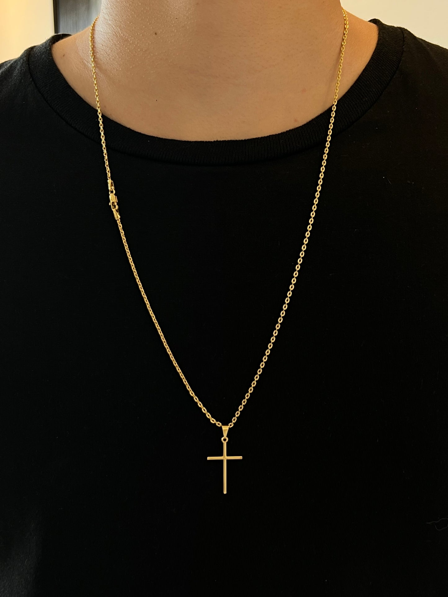 Kit Corrente Cadeado 2mm - 70cm + Pingente Cruz Slim P (Banhado a Ouro 18K)