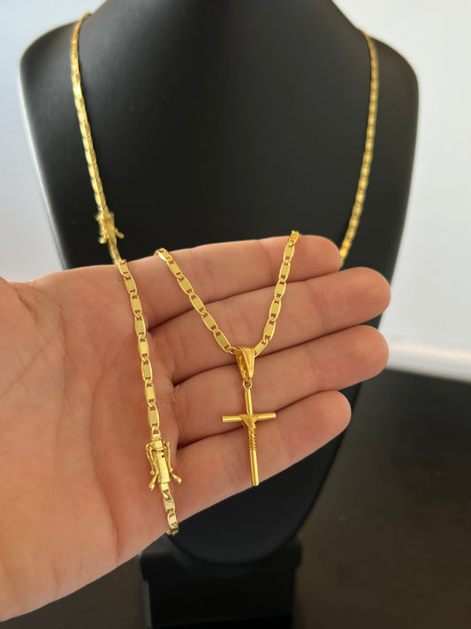 Kit Corrente Piastrine 4mm - 70cm + Pingente Cruz Fio P+ Pulseira de Brinde (Banhado a Ouro 18K)
