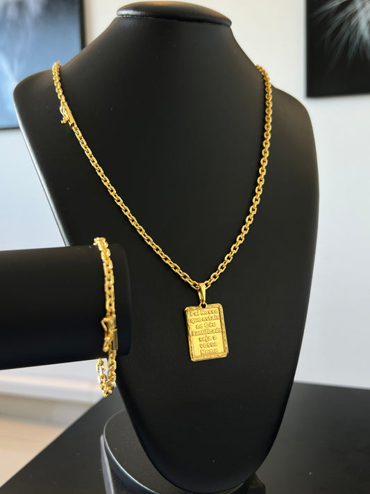 Kit Corrente Cadeado 4.5mm - 70cm + Pingente placa Pai nosso M + Pulseira de Brinde (Banhado a Ouro 18K)