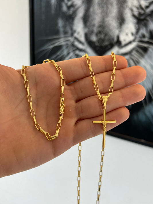 Kit Corrente Tijolinho 4mm - 70cm + Pingente Cruz Fio M + Pulseira de Brinde (Banhado a Ouro 18K)