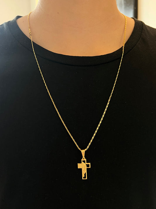 Kit Corrente Piastrini 2mm-70cm + Pingente Crucifixo com face vazada P (Banhado a Ouro 18K)