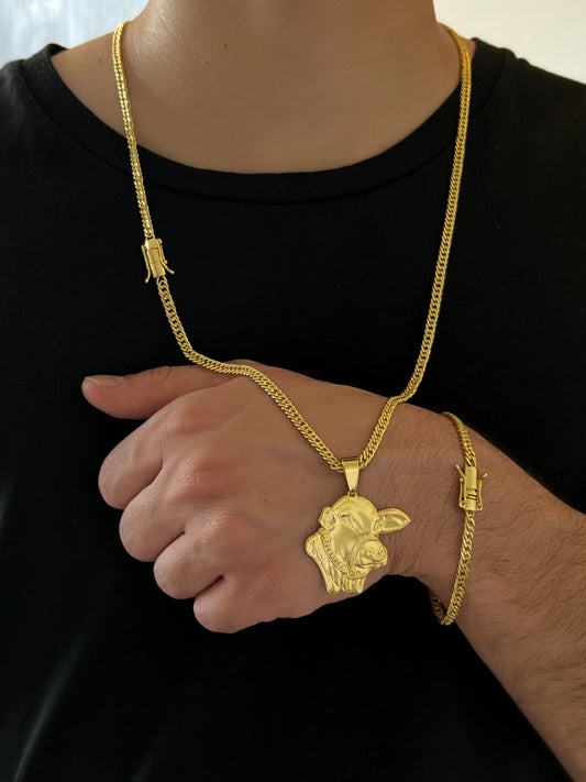 Kit Corrente Grumet Duplo 5mm - 70cm + Pingente Nelore + Pulseira de Brinde (Banhado a Ouro 18K)