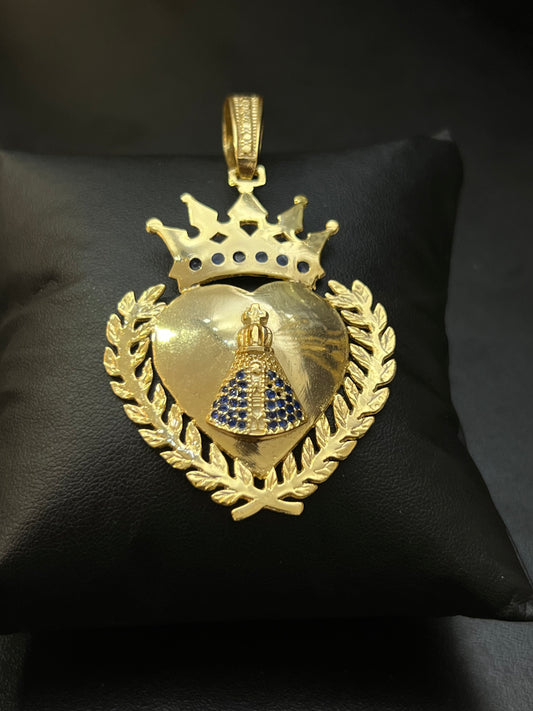 Pingente Coração Nossa Senhora Espelhado Cravejado G (4,5X6CM) Banhado a Ouro 18K