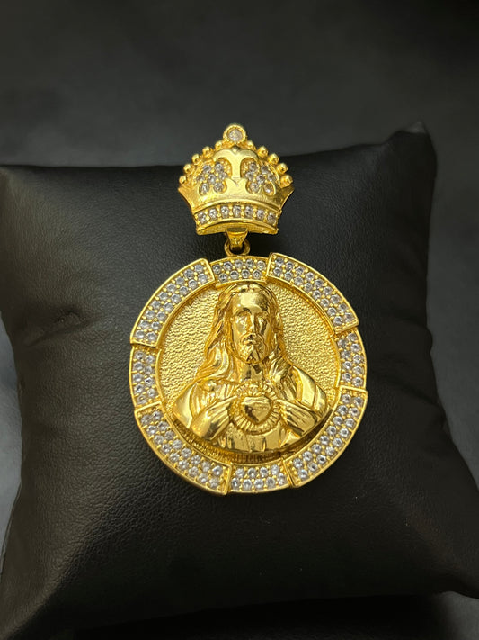 Pingente Medalha Jesus Cristo e Coroa Cravejado G (4X4,5CM) Banhado a Ouro 18K