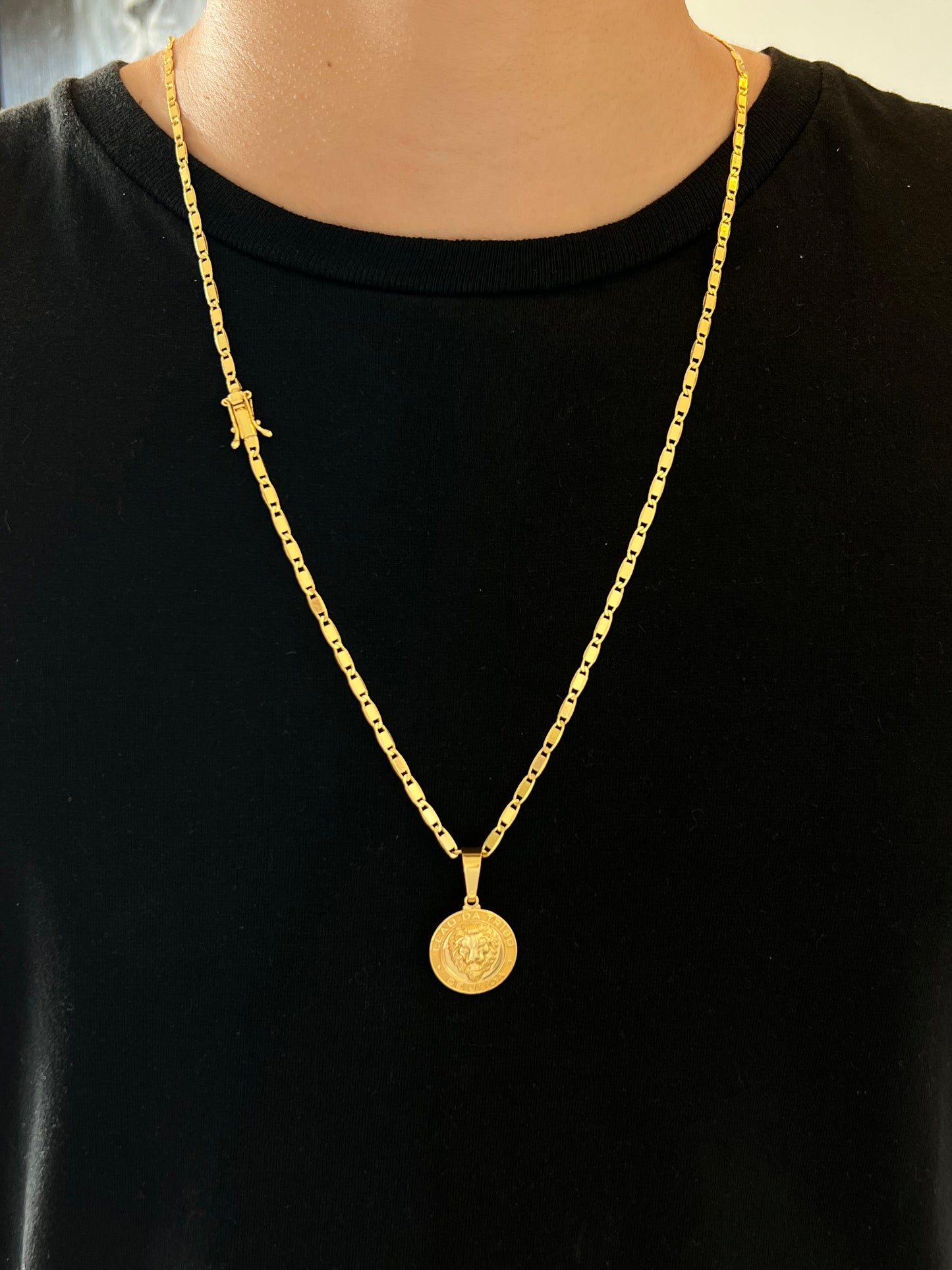 Kit Corrente Piastrine 4mm - 70cm + Pingente Medalha Leão Judá P + Pulseira de Brinde (Banhado a Ouro 18K)